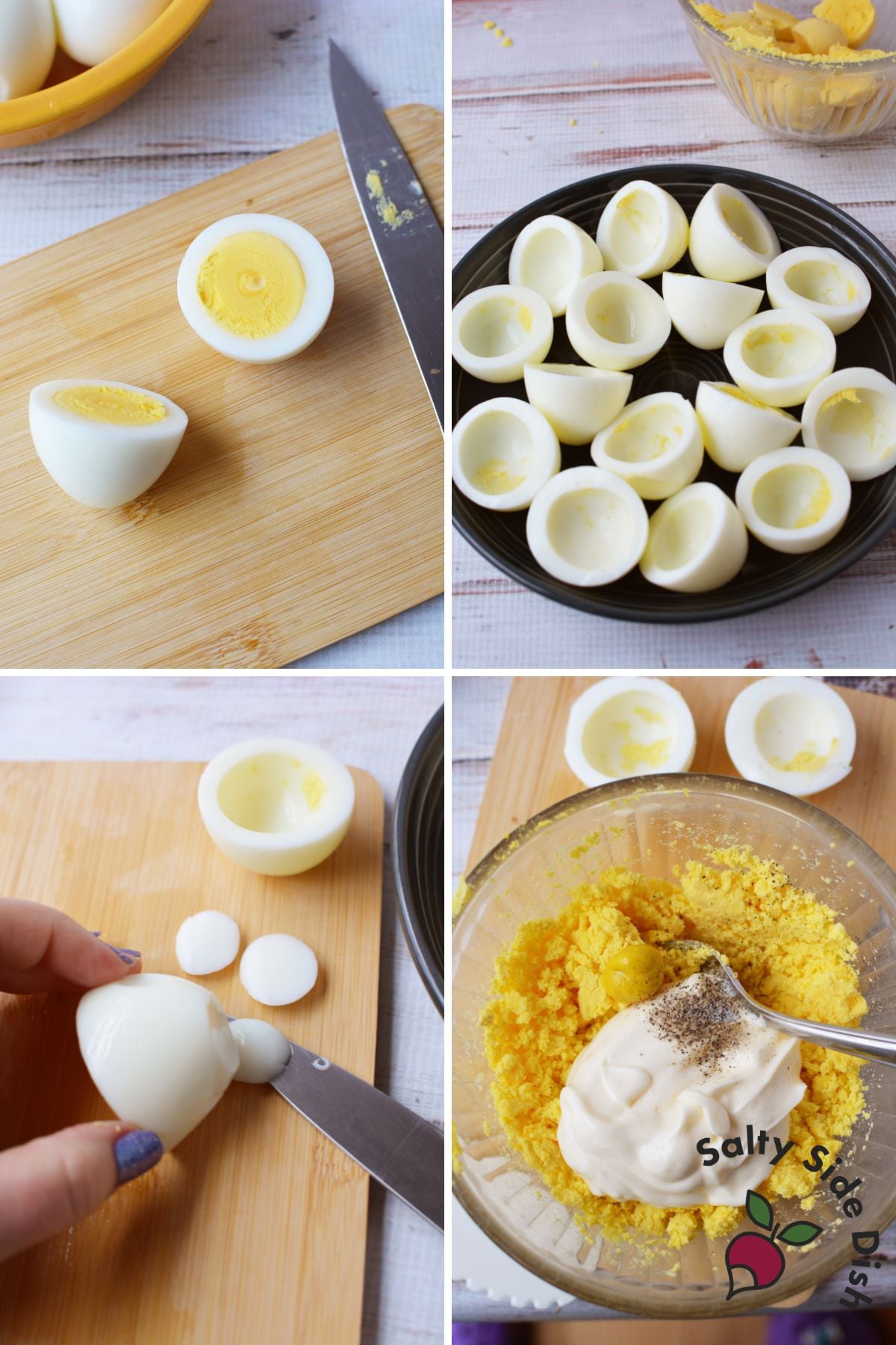 step by step photos showing how to make chick deviled eggs including cutting crosswise, removing yolks, slicing the base flat, and mixing the filling
