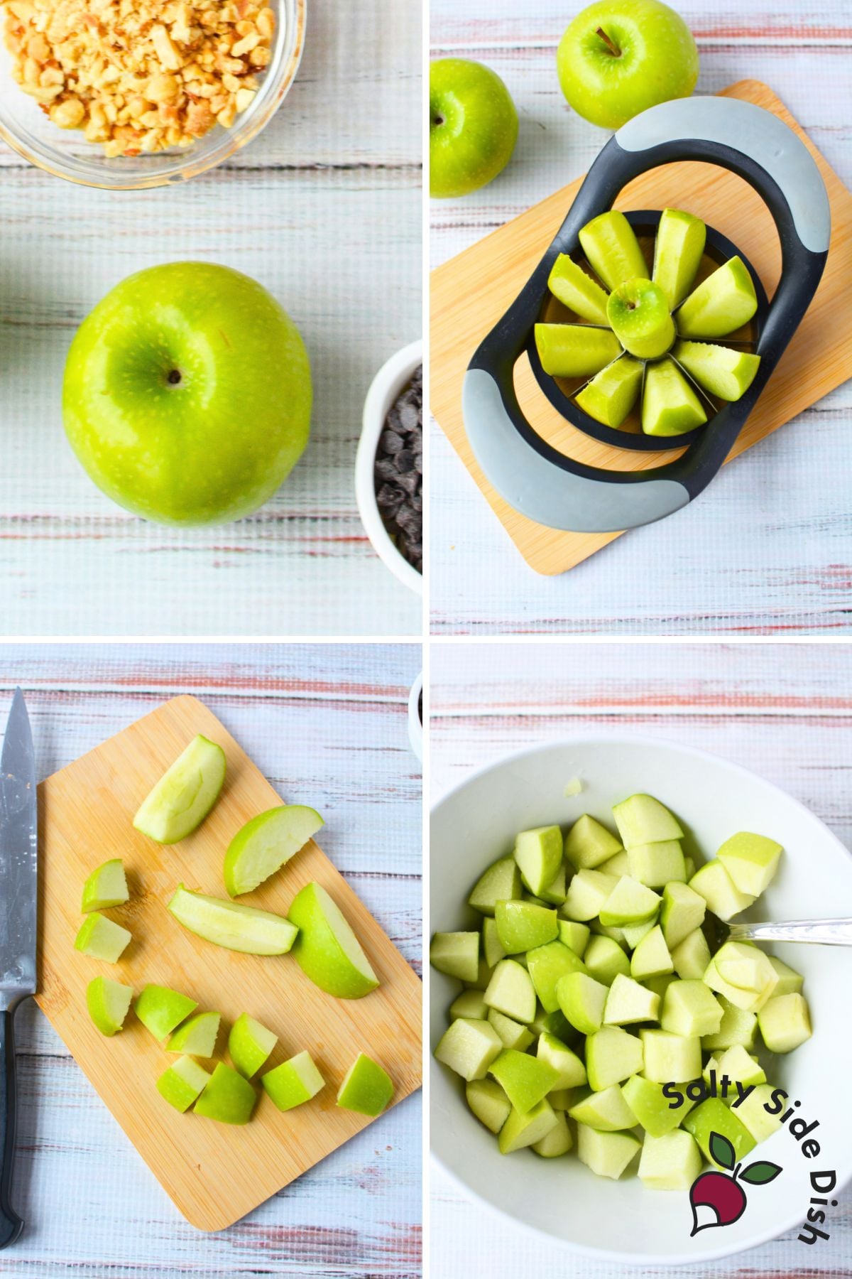 Four step collage showing granny smith apples being cored, sliced, cut into pieces, and soaked in lemon water