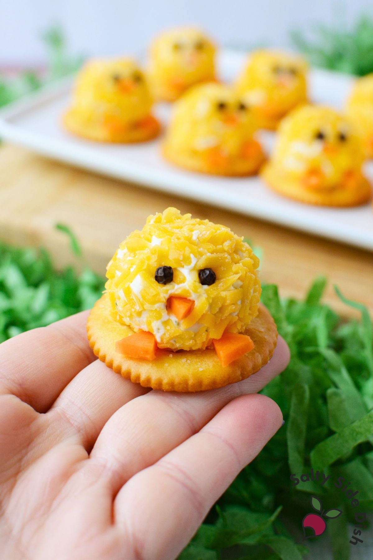 hand holding a single mini chick cheeseball bite on a round cracker with peppercorn eyes carrot beak and carrot feet with a tray of Easter cheeseball bites in the background