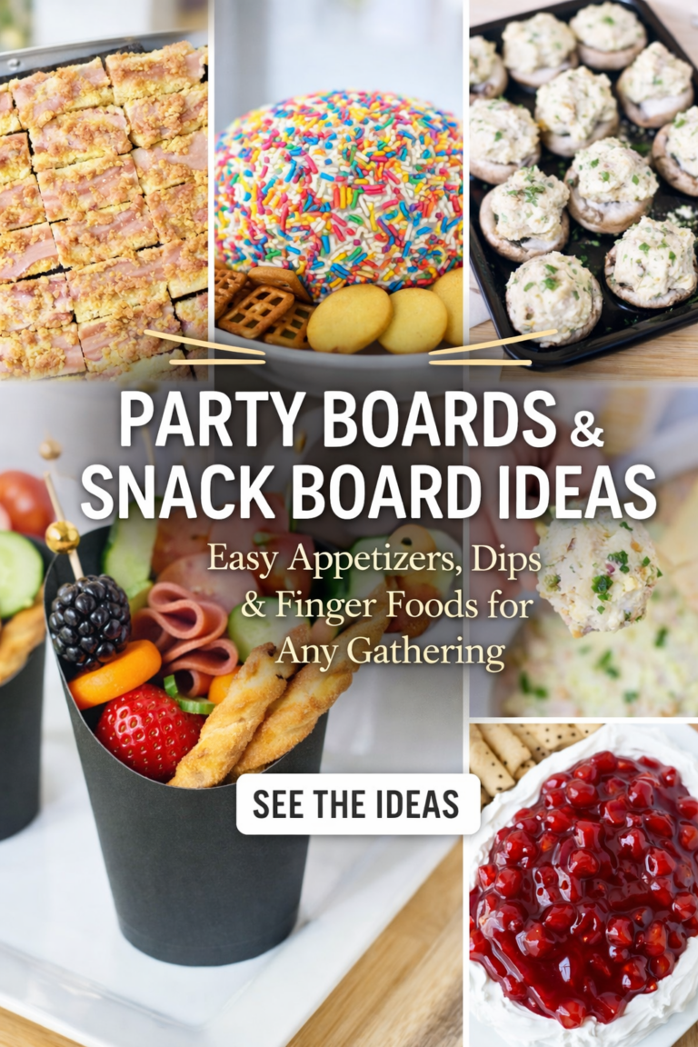 Party boards and snack board ideas featuring appetizers, dips, finger foods, and grazing snacks for a crowd