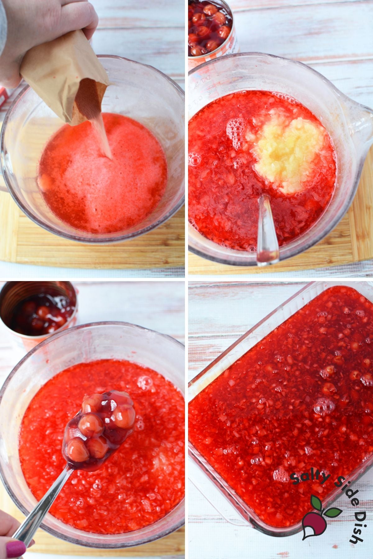 Four-step process photos showing how to make cherry pineapple jello salad, from dissolving Jell-O to adding crushed pineapple, cherry pie filling, and pouring into a 9x13 dish