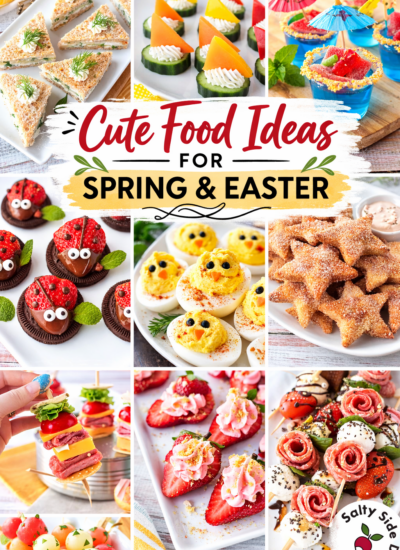 Cute food ideas collage featuring strawberry ladybugs, chick deviled eggs, cucumber roses, fruit skewers and party appetizers for Easter and kids parties