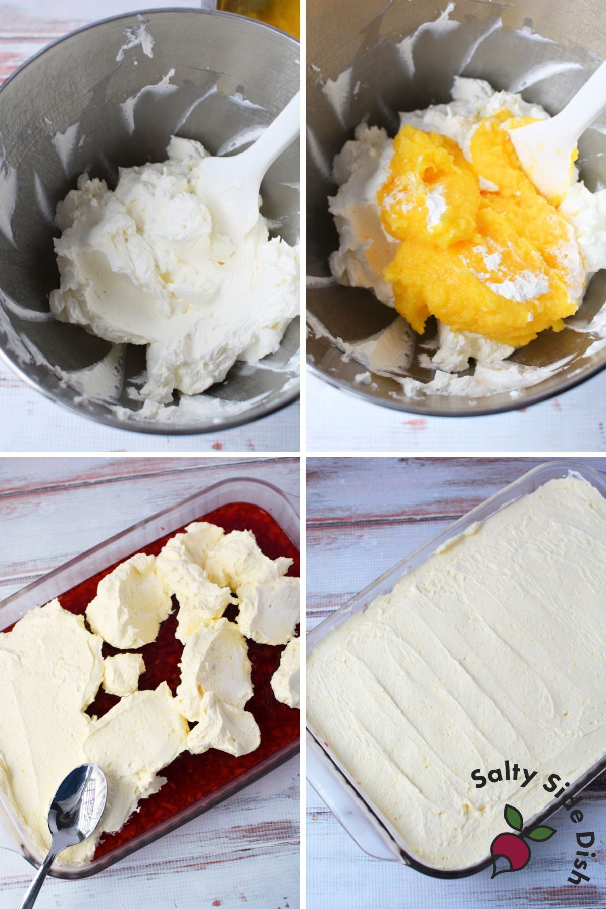 Four-step process photos showing how to make vanilla pudding whipped cream topping for cherry jello salad, from whipping cream to spreading over the set jello layer