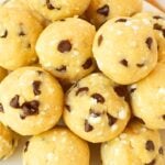 cottage cheese cookie dough balls piled on a white plate
