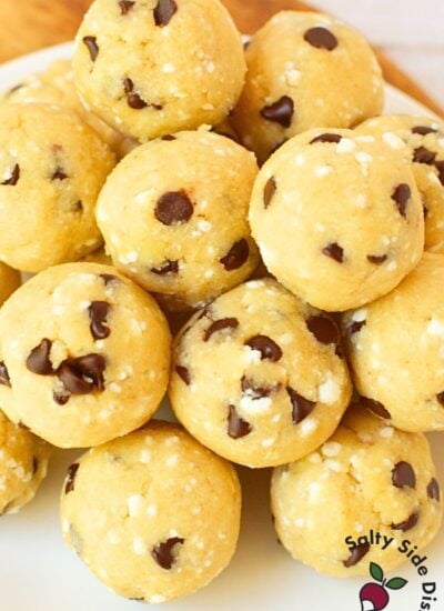 cottage cheese cookie dough balls piled on a white plate