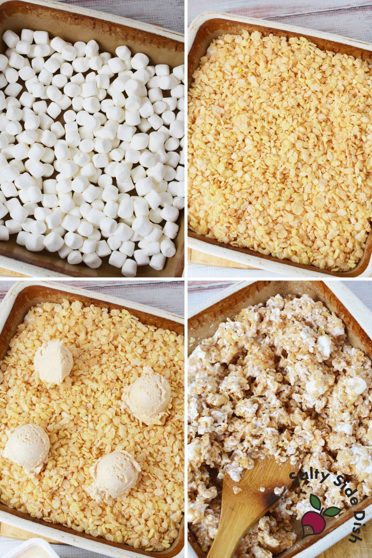 Texas Roadhouse Rice Krispie Treats step-by-step collage with marshmallows, cereal, honey cinnamon butter, and mixed treats in baking dish