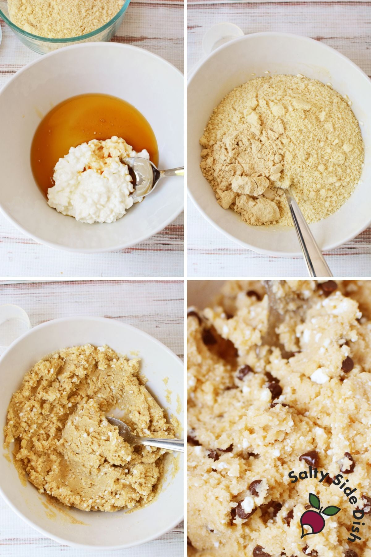 four step process photos showing how to make cottage cheese cookie dough in one bowl
