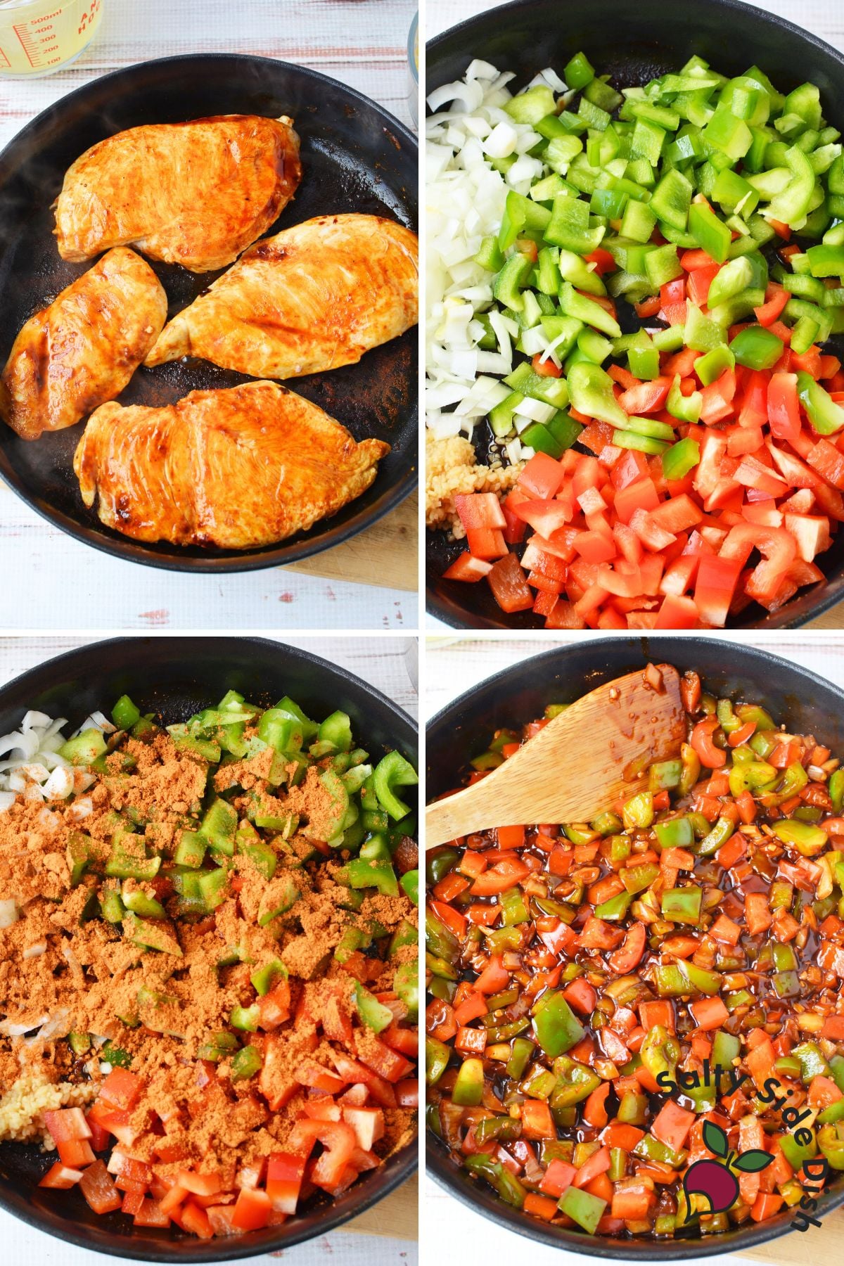 Step by step photos of seared fajita chicken and diced peppers and onion cooking in a skillet