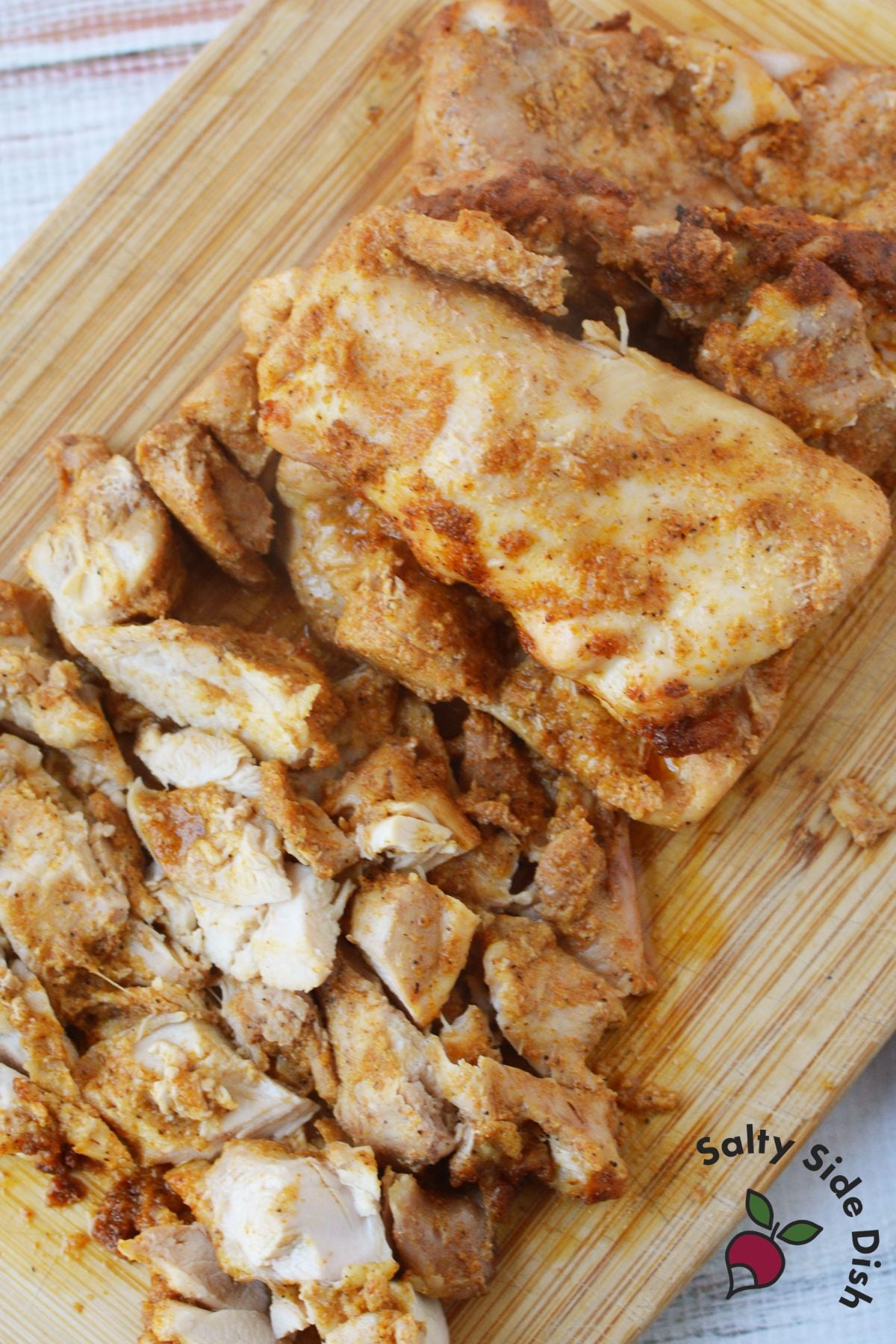 Chopped baked chicken thighs prepared for meal prep recipes