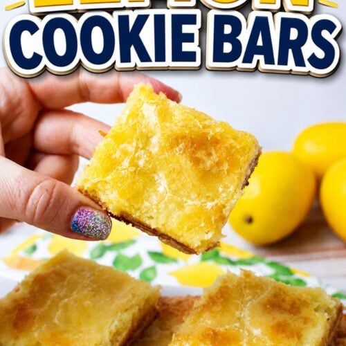 Lemon cookie bars with a creamy lemon cheesecake-style topping and cookie crust, featured in a recipe title image.