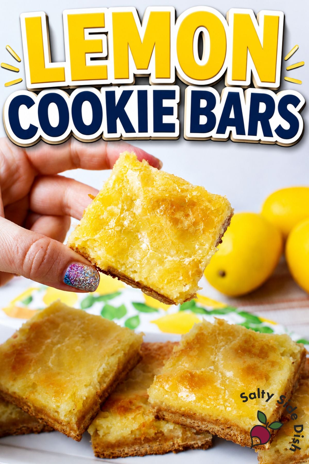 Lemon cookie bars with a creamy lemon cheesecake-style topping and cookie crust, featured in a recipe title image.