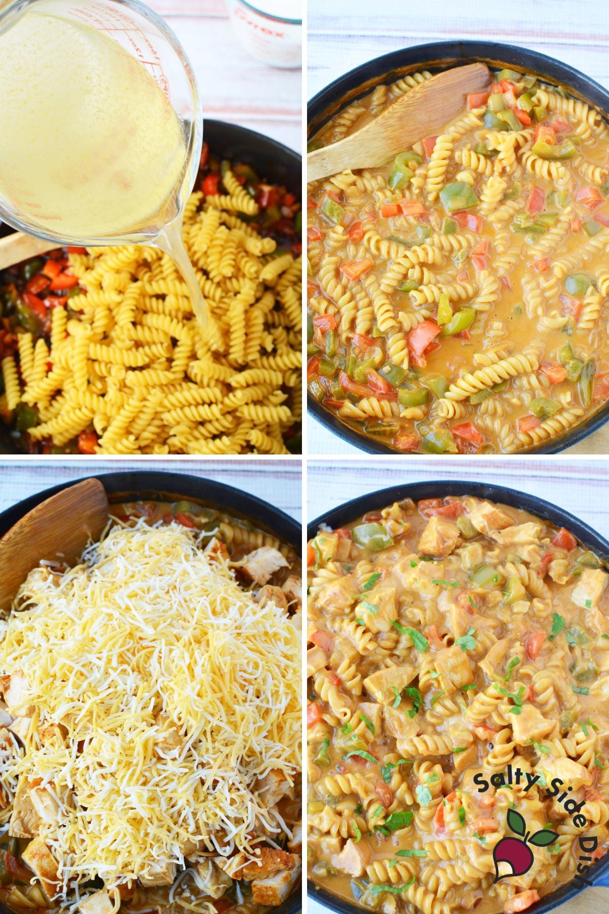 Step by step photos of pasta in a skillet simmering in broth, topped with cheese, then finished and garnished with herbs