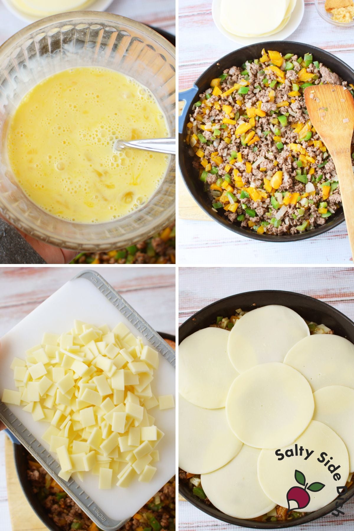 Step by step photos of whisked eggs, cooked beef and peppers, cubed provolone, and cheese slices layered on top before baking