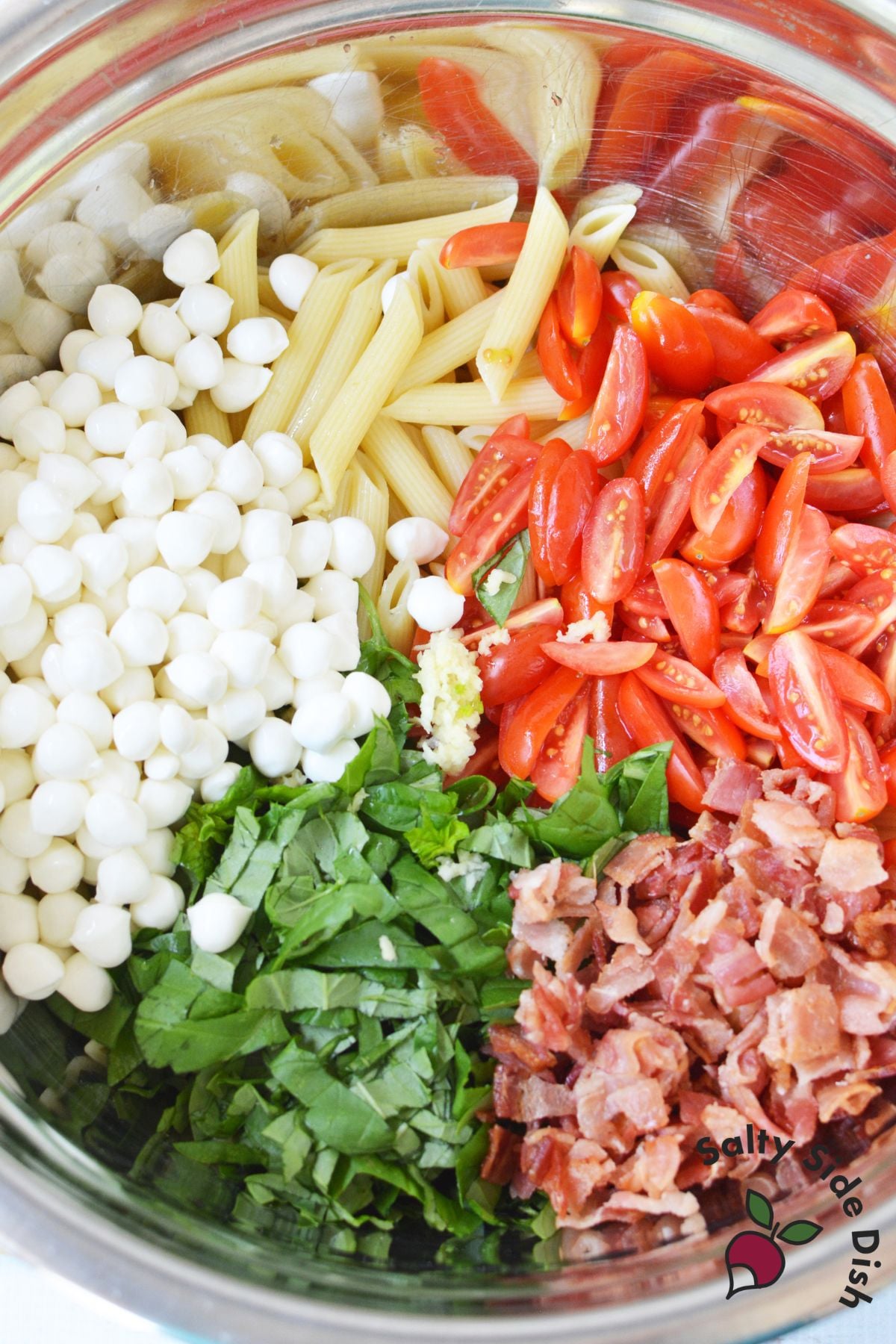 Mixing bowl with penne, tomatoes, mozzarella pearls, basil, and bacon