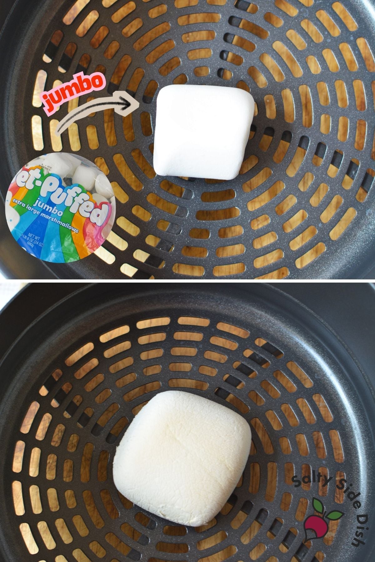 Jumbo marshmallow before and after air frying in an air fryer basket