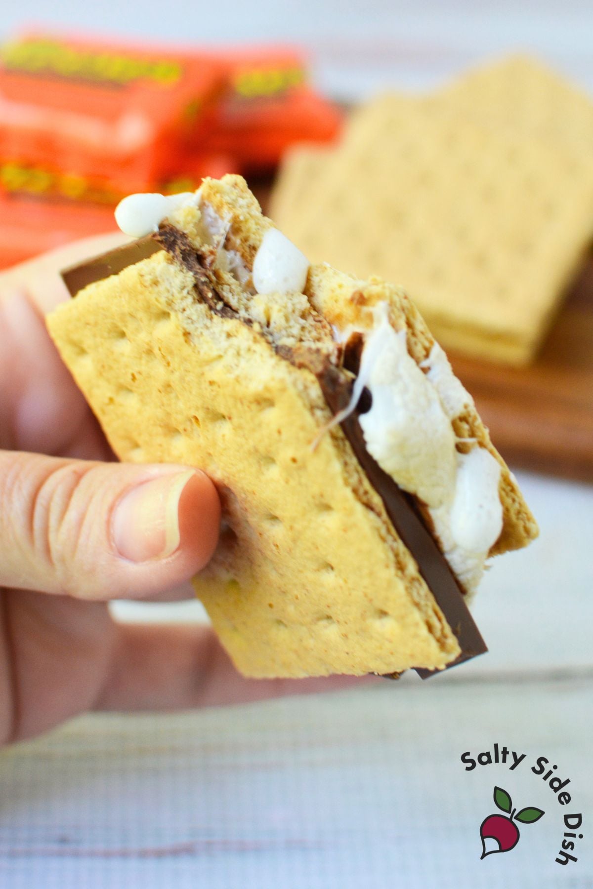 Smore made with a toasted marshmallow, chocolate, and graham crackers