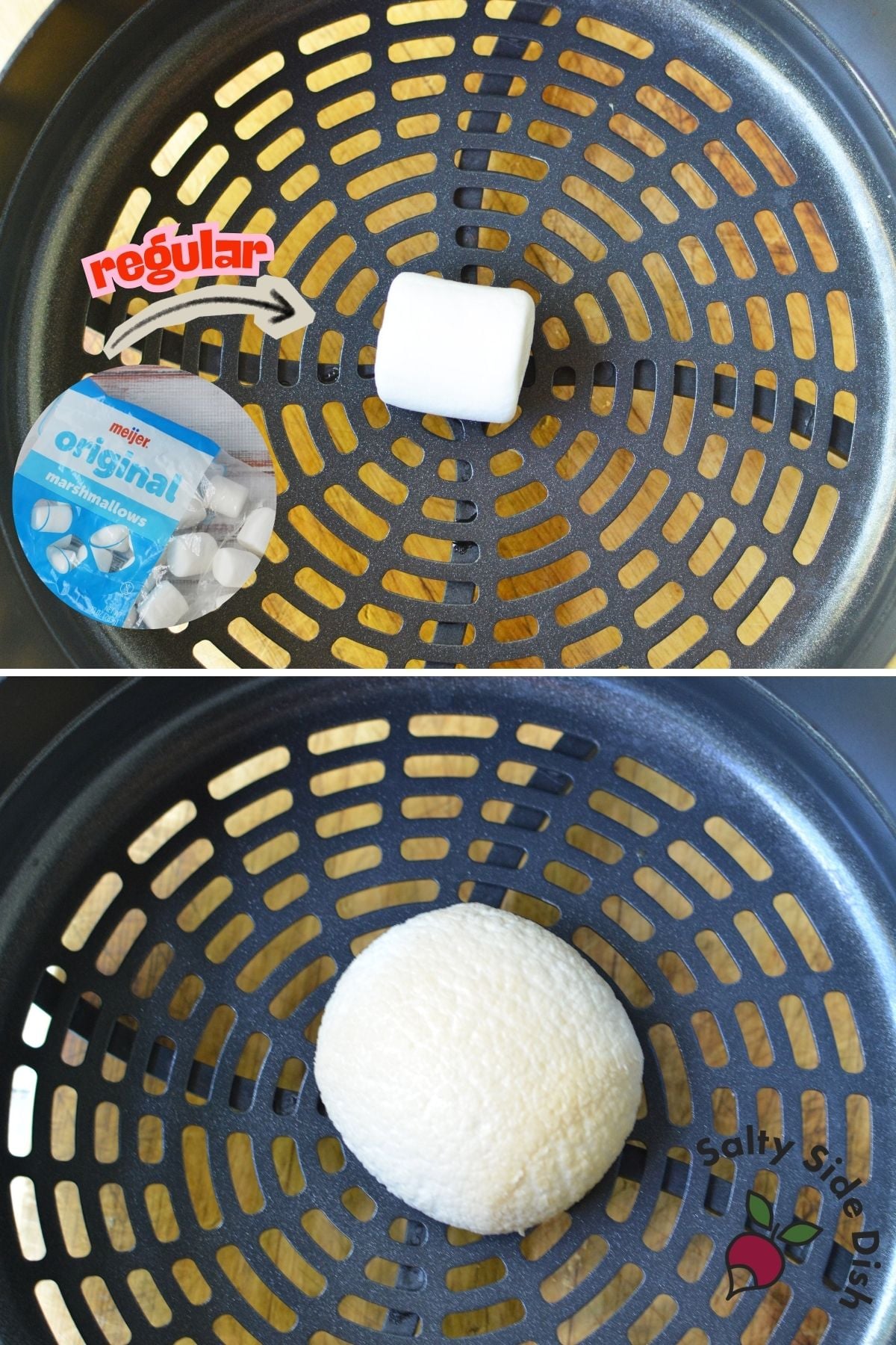 Regular marshmallow before and after air frying in an air fryer basket