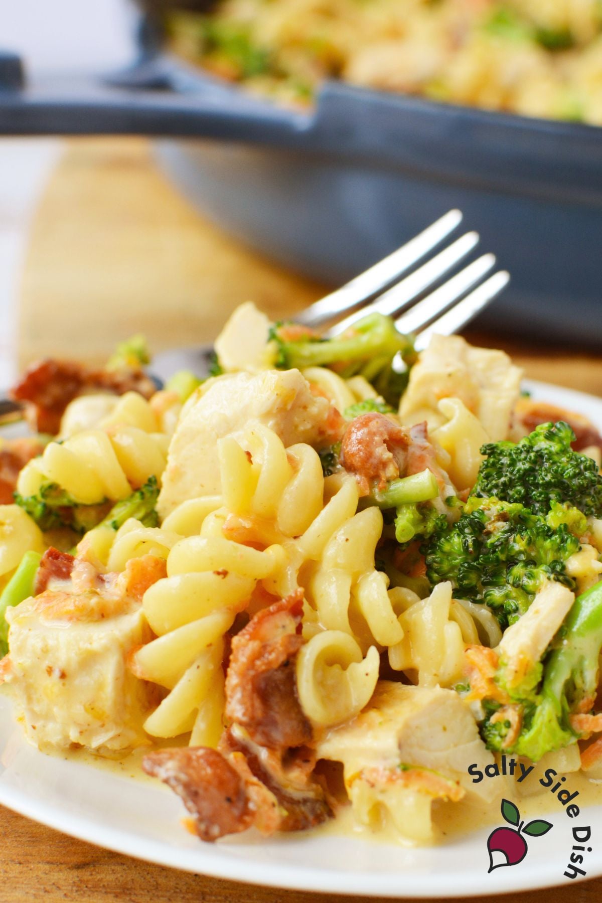 Plate of creamy broccoli cheese chicken bacon pasta with rotini, broccoli, carrots, and bacon.