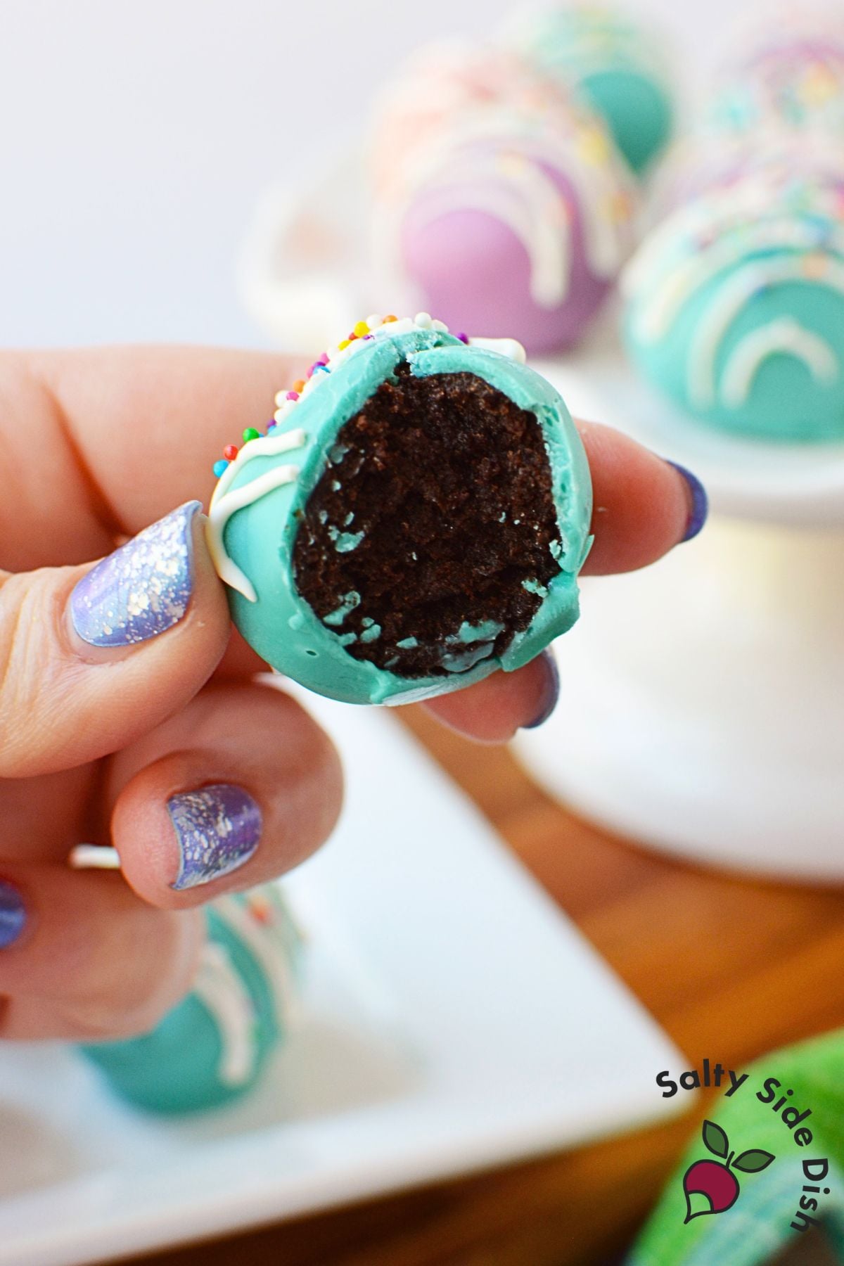 Inside of a Spring Oreo Truffle showing the creamy crushed Oreo filling.