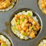 Chicken teriyaki rice cups baked in a metal muffin pan