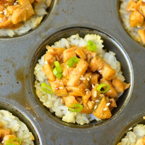 Chicken teriyaki rice cups baked in a metal muffin pan