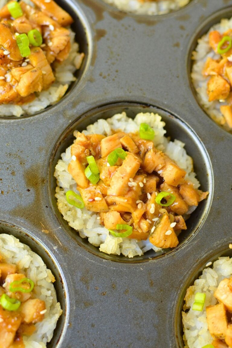 Chicken teriyaki rice cups baked in a metal muffin pan