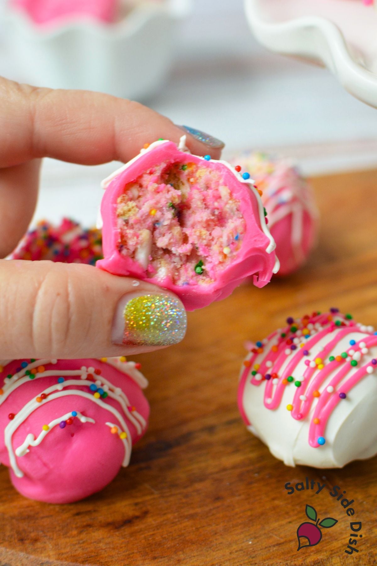 Homemade Circus Animal Cookie Truffle showing the pink cookie filling inside