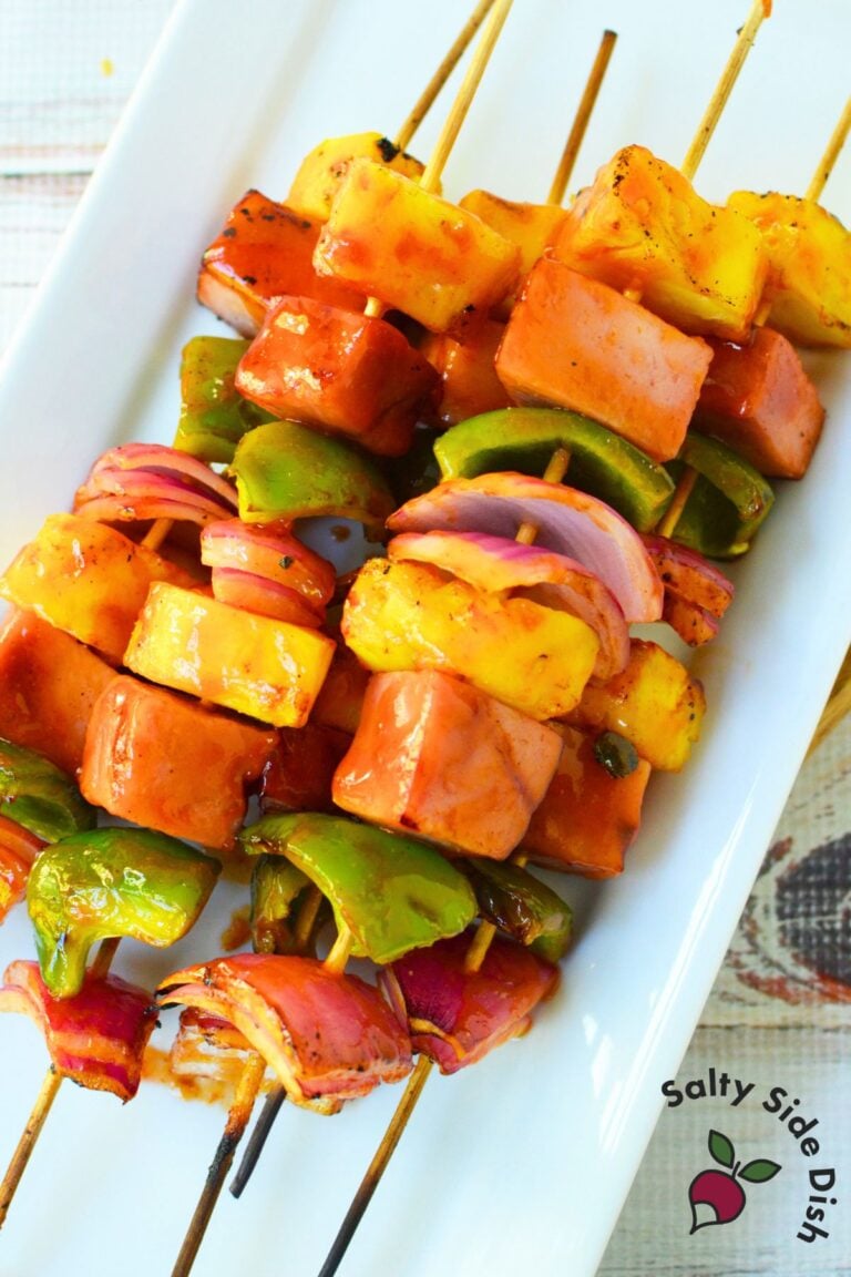 Grilled ham and pineapple kabobs with glazed ham, pineapple, peppers and red onio