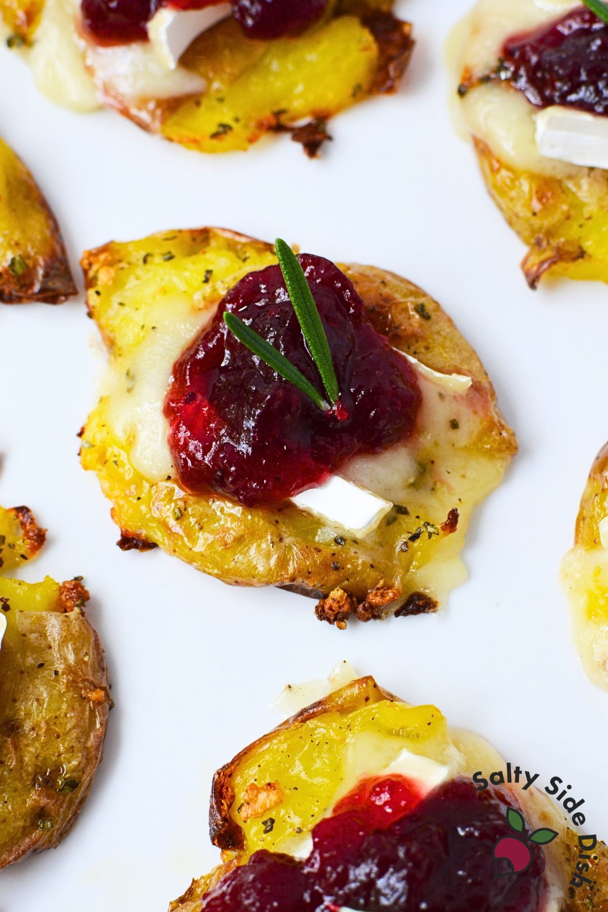 Cranberry Brie smashed potato topped with melted cheese, cranberry sauce, and fresh rosemary.