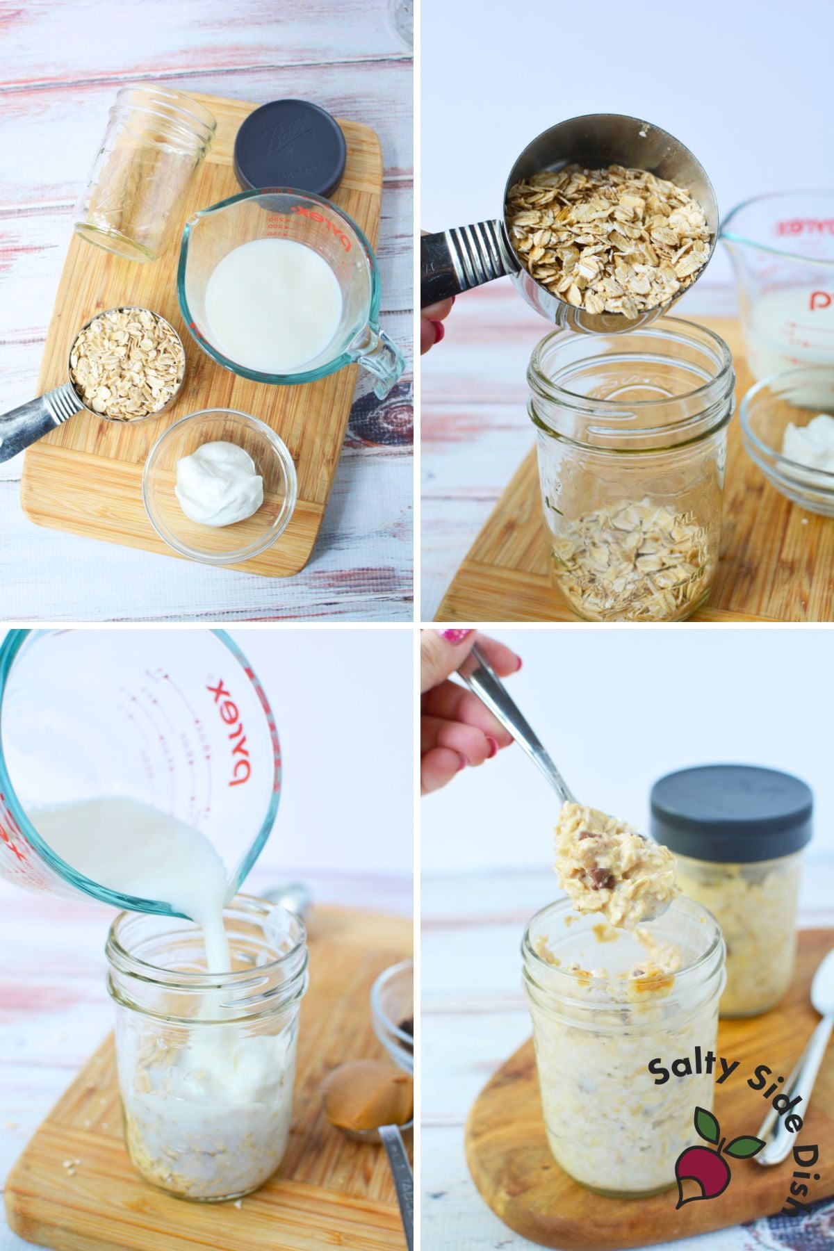 Step-by-step collage showing oats, milk, and Greek yogurt being added to a mason jar to make basic overnight oats.
