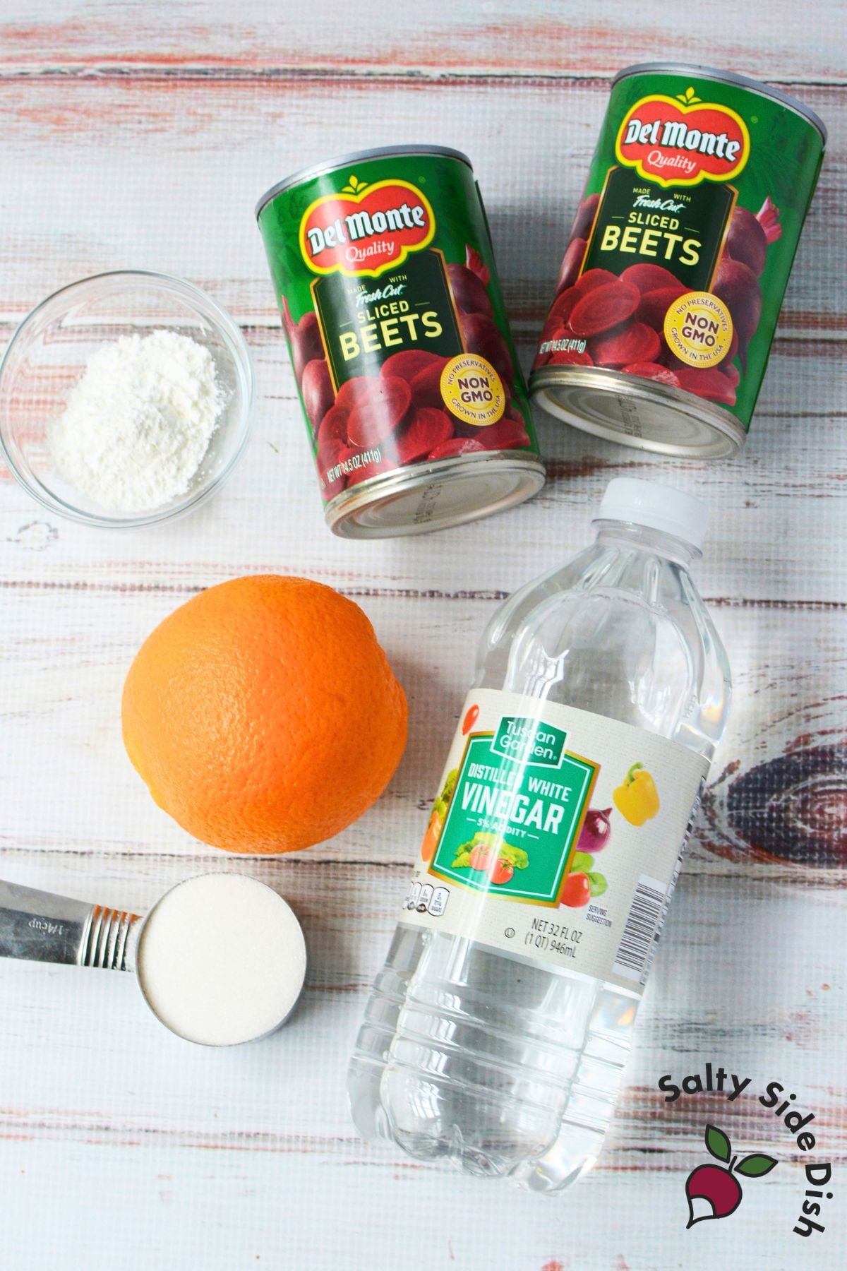 Ingredients for Harvard beets with canned sliced beets, orange, sugar, vinegar, and cornstarch