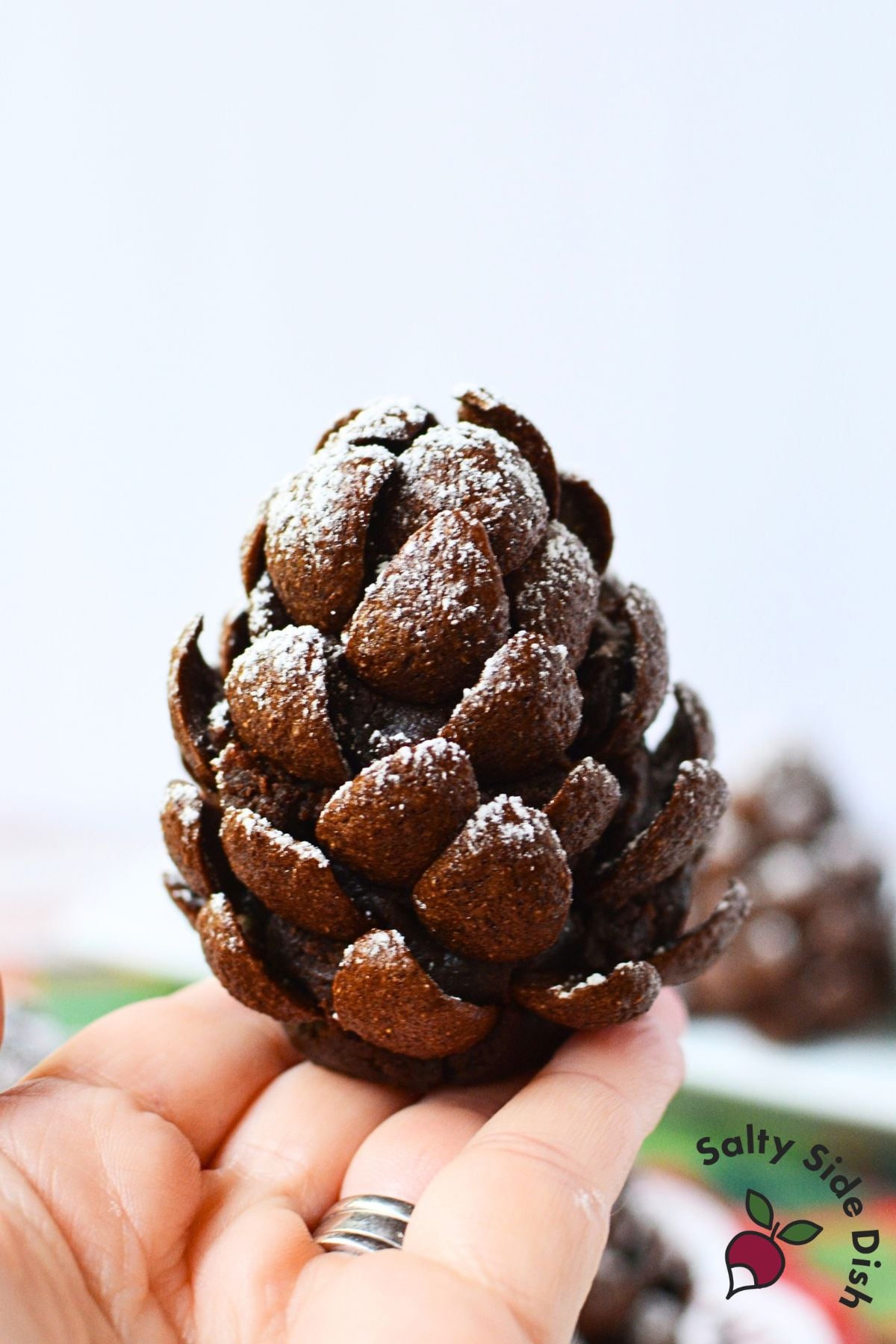 Finished chocolate pinecone brownie dusted with powdered sugar and held in hand.