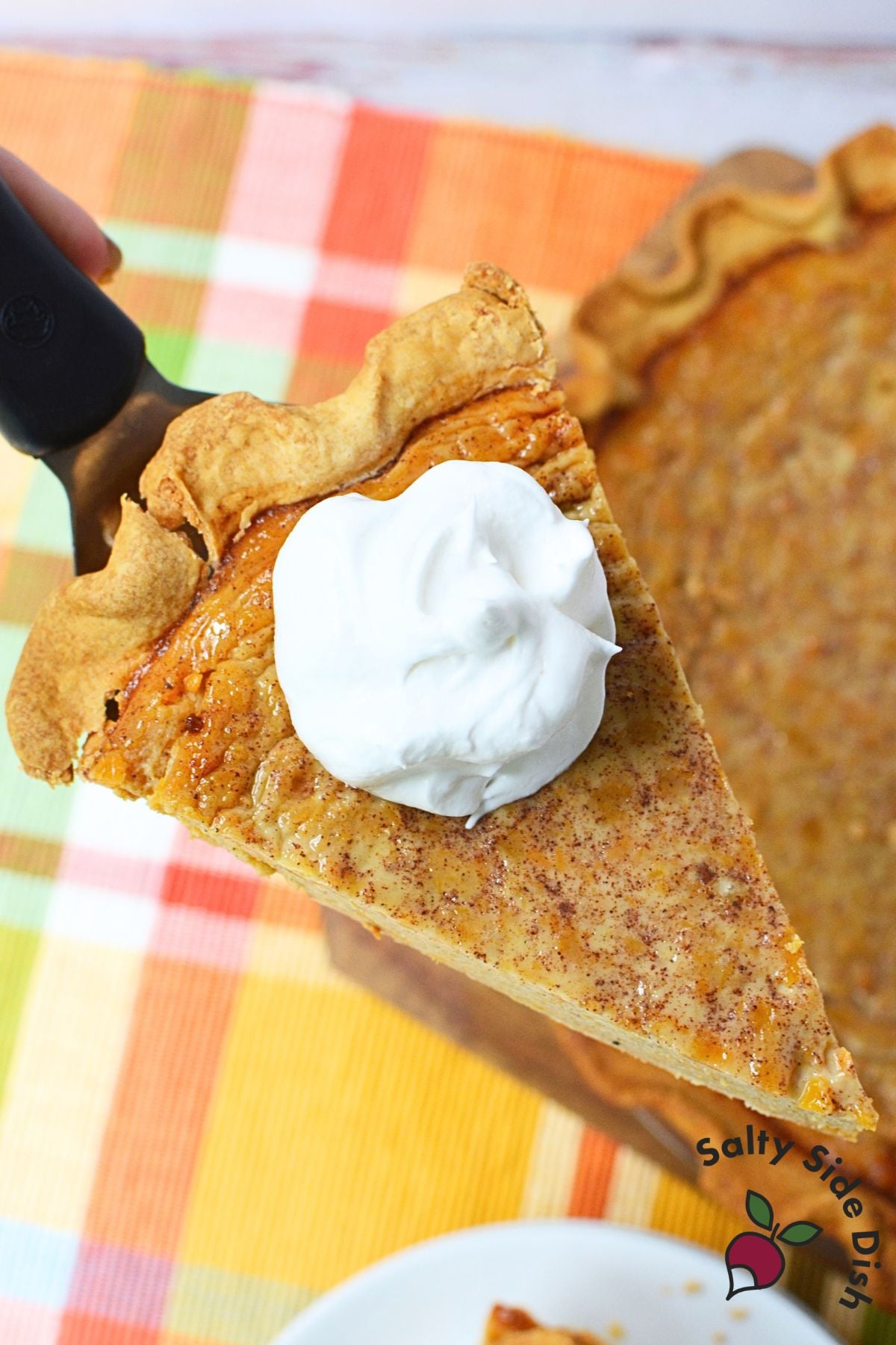 Slice of butternut squash and sweet potato pie topped with whipped cream, with the baked pie behind it.