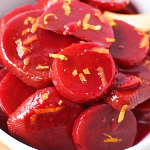 Harvard beets with orange zest in a sweet and tangy sauce