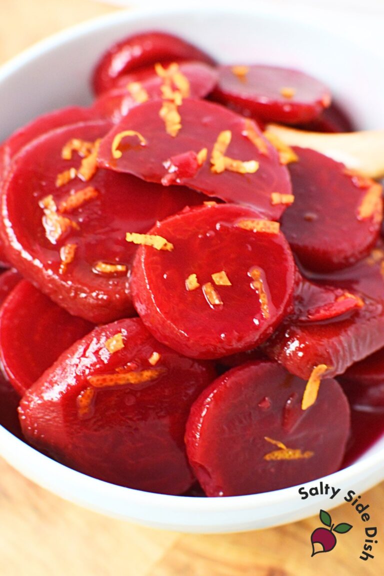 Harvard beets with orange zest in a sweet and tangy sauce