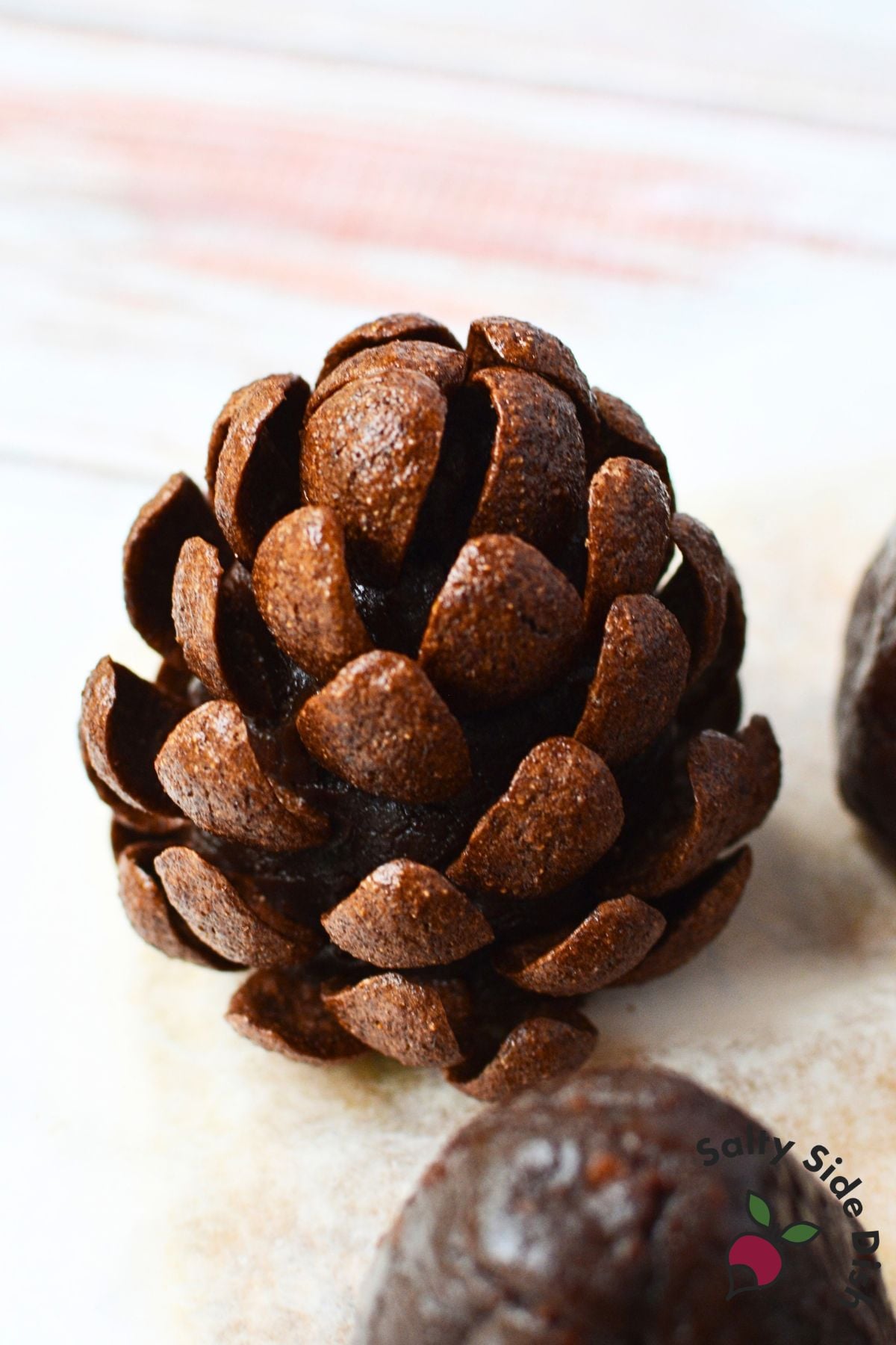 Finished edible pinecone brownie covered with curved chocolate cereal pieces.