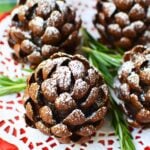 Ingredients for pinecone brownies including chocolate chunks, butter, sugar, cocoa, flour, sweetened condensed milk, eggs, and Chocapic cereal.