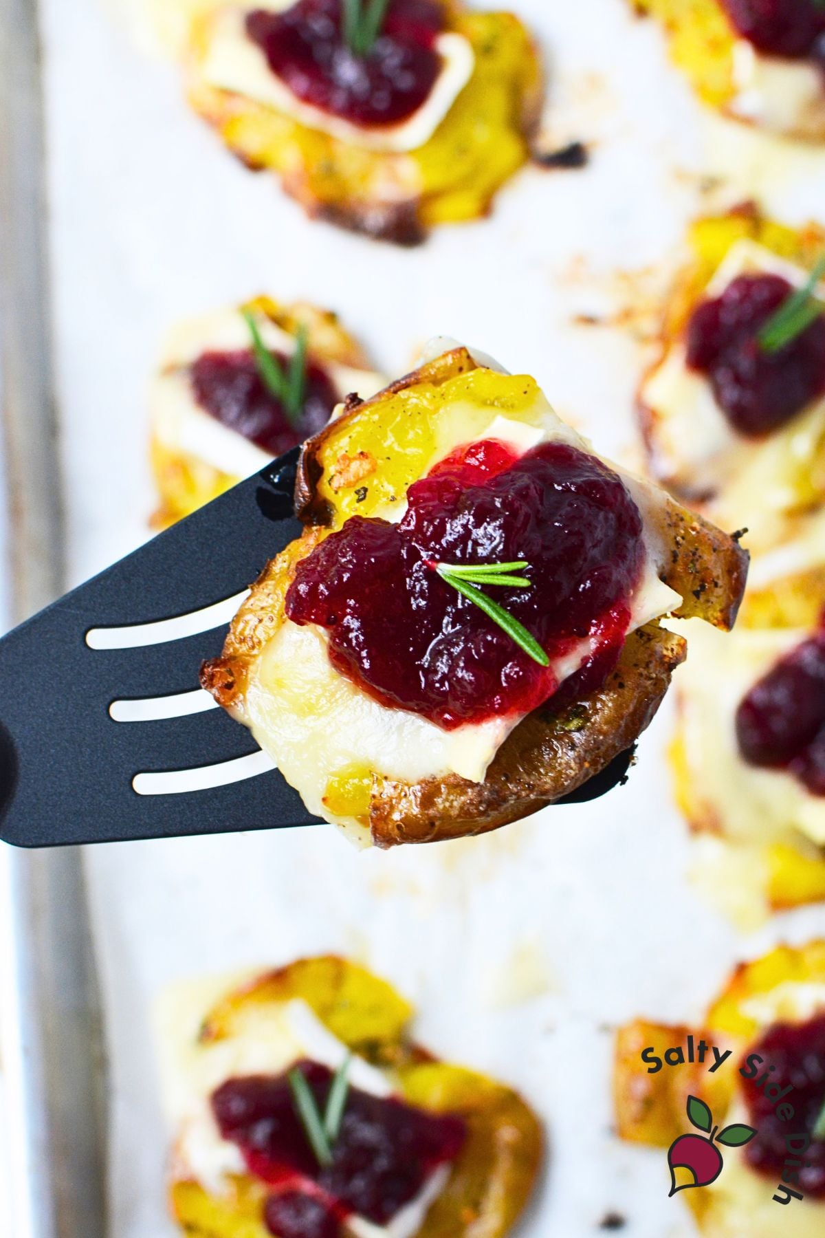 Cranberry Brie smashed potato lifted from the baking sheet, topped with whole berry cranberry sauce and fresh rosemary for a Thanksgiving side dish.