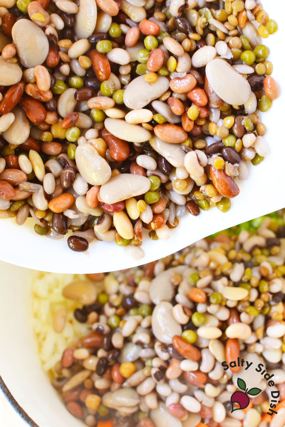 Assorted 16-bean soup mix being poured into a stockpot to make homemade ham and bean soup.