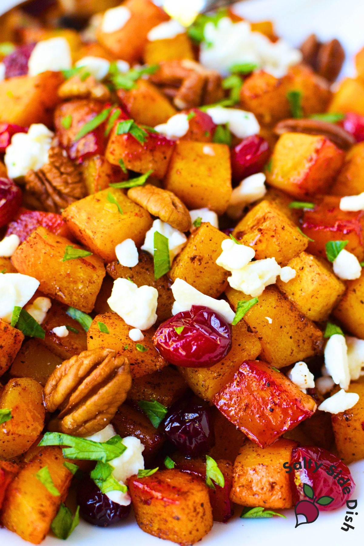 Close-up of roasted butternut squash topped with cranberries, feta, pecans, and chopped parsley.